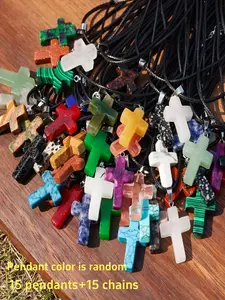 15-Piece Cross-Shaped Simulated Crystal Pendants Set, Cross Necklace, Cord Chain Included, Shiny Durable Easy Mix Match, Perfect for DIY Jewelry Making