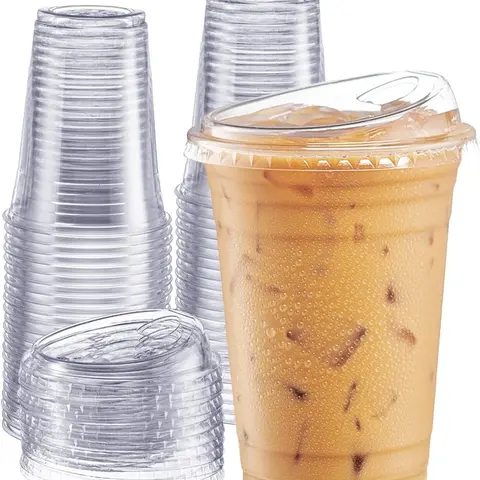 16oz 500ml Disposable Plastic Iced Coffee Cups with Leakproof Lids - Plastic with Lid Cups, 20pc/40pc/60pc/120pc/480pc Sets with Pouch, for Latte, Juice - Household & Party Disposable Tableware
