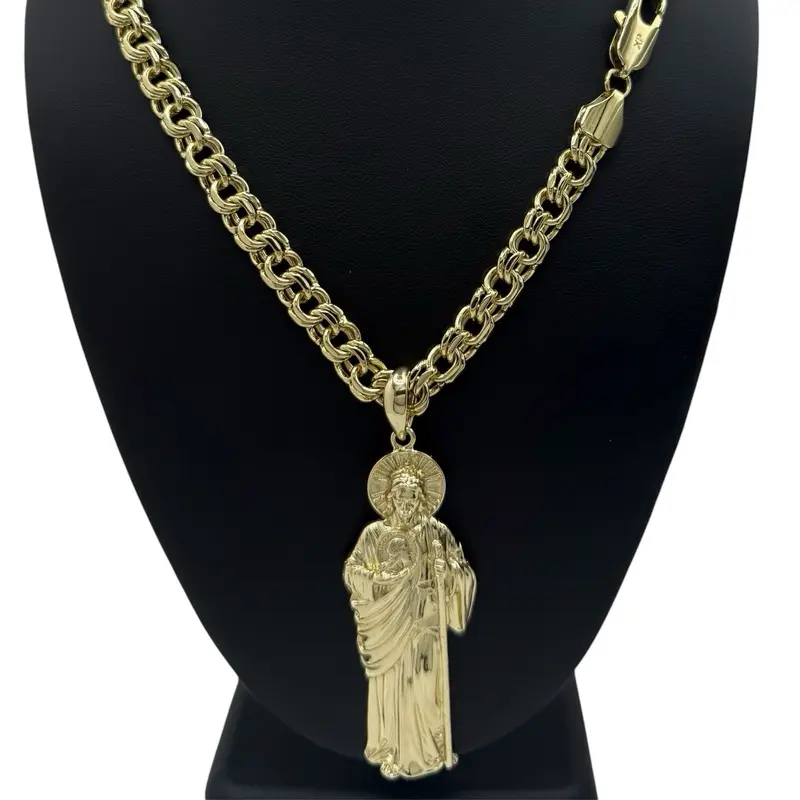 #309 14K Laminated Elegant San Judas Necklace - Unisex, 24Inch Long 10mm Wide Chain, 3Inch Long Pendant, for Daily Wear