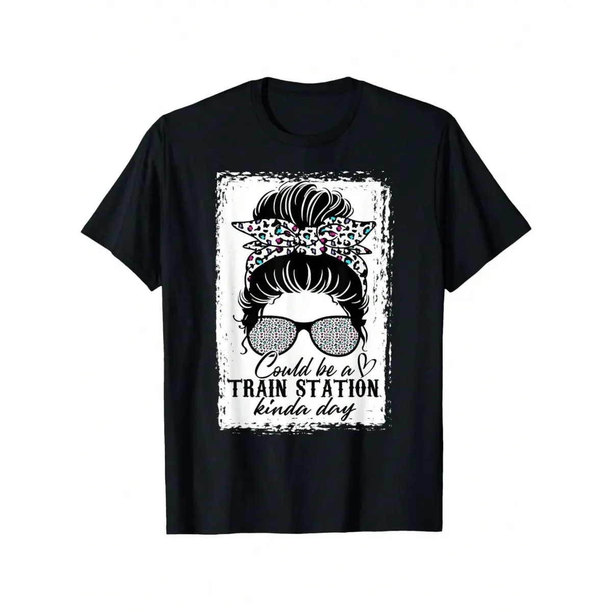 Men's 100% Cotton Baggy Short-Sleeve Round Neck Black Vintage Streetwear T-Shirt - "Could Be A Train Station Kinda Day" Messy Bun Funny Quote Men's Top