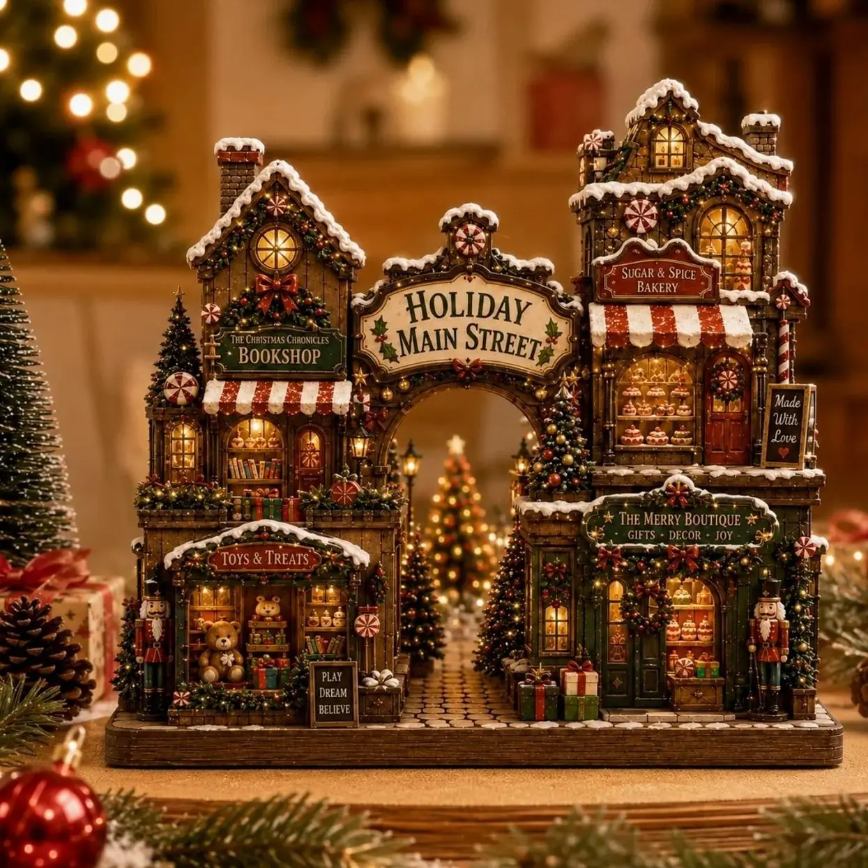 Wooden Christmas Village Block, Lighted Holiday Main Street Decor, Gingerbread Shop Display, Festive Mantel Centerpiece, Xmas Gift