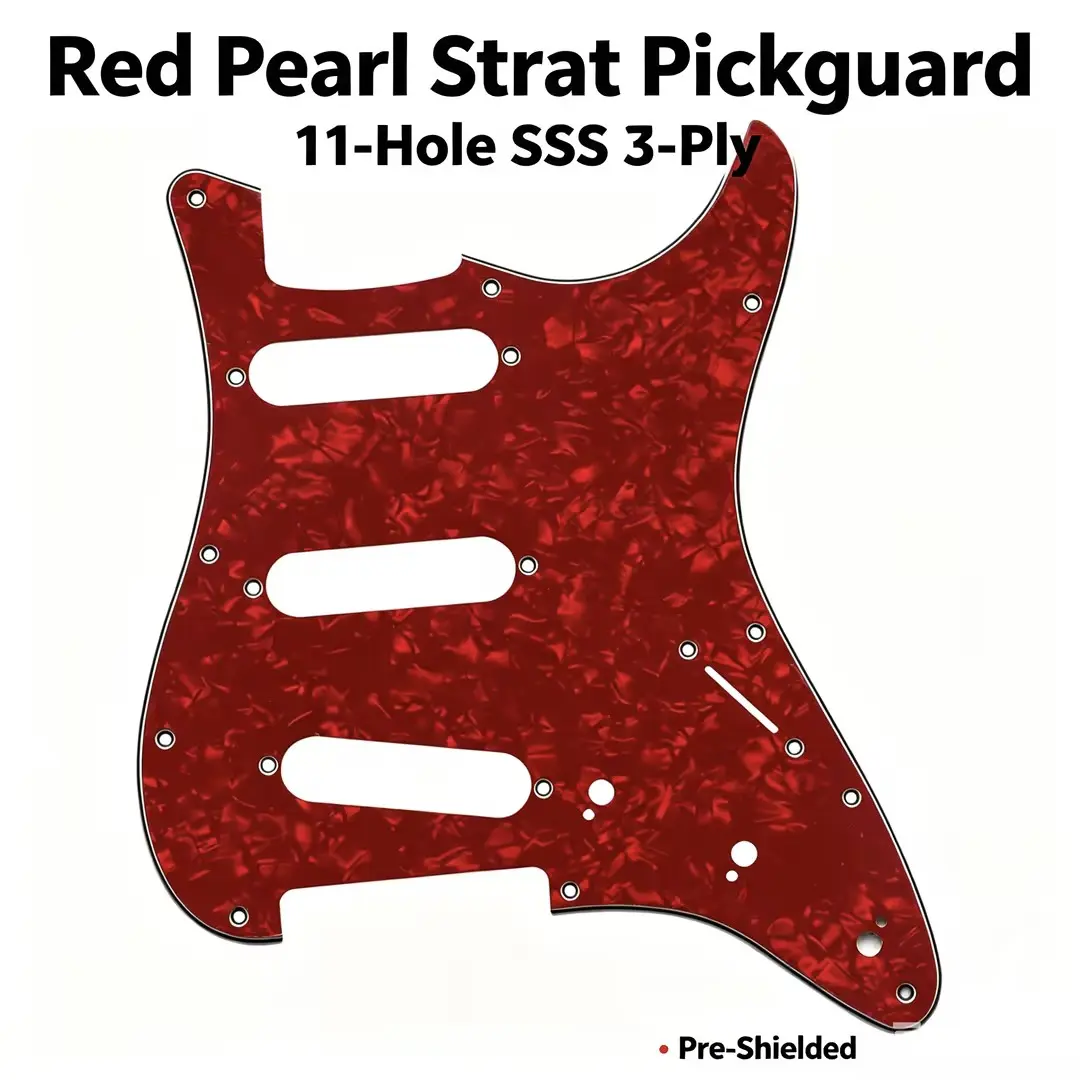 Red Pearl SSS Strat Pickguard 11 Hole 3-Ply Pre-Shielded Anti-Hum Scratch Plate Replacement for Fender USA/Mexico Stratocaster Electric Guitar, Celluloid