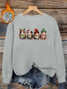 Christmas Hamster Print Faux Sweater, Long Sleeve Round Neck Pullover, Soft Elastic Fabric, Casual Fall & Winter Top for Women