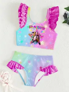Girls' Two-Piece Bikini Set, Cartoon Print Swimsuit, Summer Beach Vacation Swimwear, Cute Ruffle Bathing Suit, Swimwear Sets