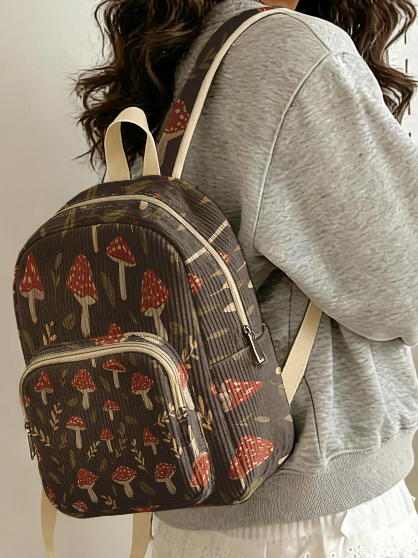 1 piece of 2D printed lady's backpack with mushroom plant pattern, Casual Lightweight Backpack, corduroy texture + layered storage + light weight reduction, perfect for students to go to class/shopping/short trips
