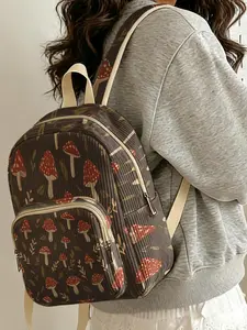 1 piece of 2D printed lady's backpack with mushroom plant pattern, corduroy texture + layered storage + light weight reduction | perfect for students to go to class/shopping/short trips | combines atmosphere with practicality