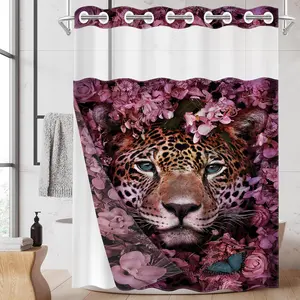 1PC 2D Flat No Hooks Double Layer Shower Curtain, Pink Floral Leopard Print Waterproof Fabric, Wild Elegant Home Decor, Trendy Style Lovers, Hotel Dorm Bathroom Accessory, Clear Top Window, Detachable Buckle Liner, Home Bathroom Room Divider