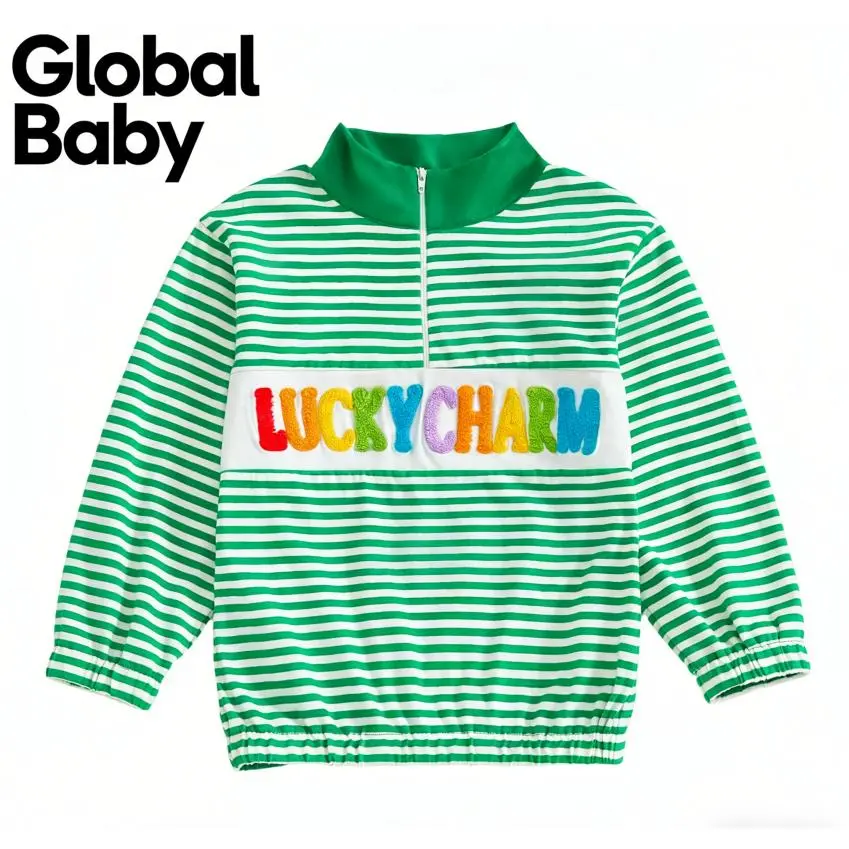 Global Baby St. Patrick's Day Irish Outfits Long Sleeve Clover Embroidery Sweatshirt  Toddler Baby Spring Sweatshirt Loose Fit Striped Letter Embroidered Zip Up Mock Neck Long Sleeve