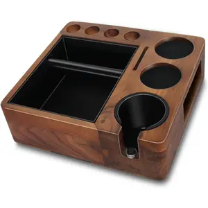 Espresso tamping station and knock box,Wooden portafilter holder,Espresso organizer station box,Tamping station fit for storage 51/54/58mm coffee accessories,Multifunctional espresso station