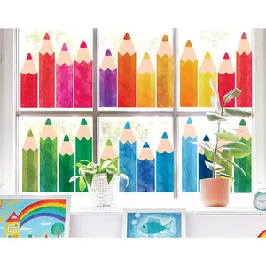 9 Sheets Watercolor Pencil Window Clings Double-Sided Window Stickers Colorful Pencils Window Decals for First Day of School  to The School Classroom Wall Glass Blackboard Decorations