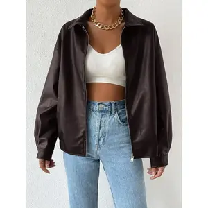 2025Drop Shoulder Zip Up PU Cropped Leather Jacket