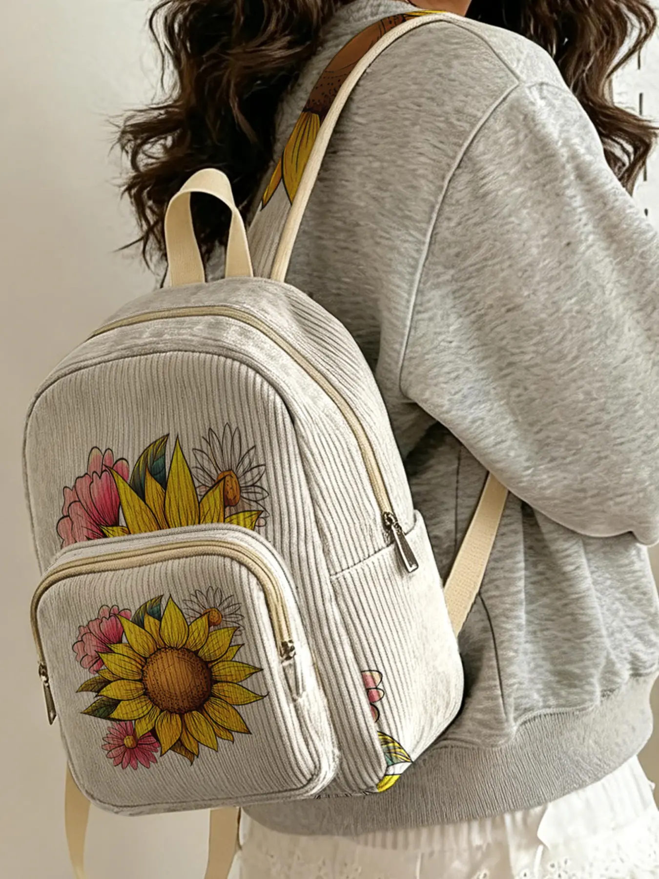 1 piece of sunflower floral pattern 2D printed lady's Casual Backpack, corduroy texture + layered storage + light weight reduction | perfect for students to go to class/shopping/short trips | combination of atmosphere and practicality