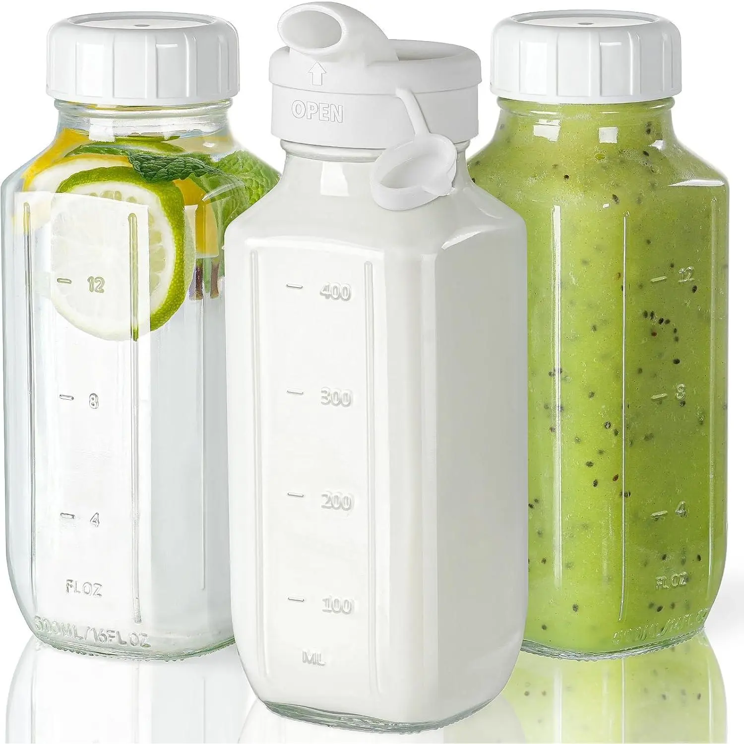 Glass Juice Bottles with Lids, 3 Pack Clear Glass Water Bottles w Pour Spout, 16 Oz Reusable Milk Jug w 100% Airtight Cap and Scale for Juicing Containers, Breast Milk Storage, Drinking Jar