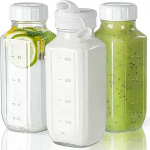 Glass Juice Bottles with Lids, 3 Pack Clear Glass Water Bottles w Pour Spout, 16 Oz Reusable Milk Jug w 100% Airtight Cap and Scale for Juicing Containers, Breast Milk Storage, Drinking Jar