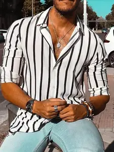 Men's Vertical Striped Long Sleeve Shirt, Casual Lapel Button Up Top, Breathable Versatile Streetwear Shirt