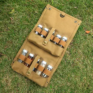 Mountain Outdoor Camping Spice Bottle Storage Pouch, Glass Seasoning Bottles, BBQ Seasoning Bottle Set with Canvas Bag