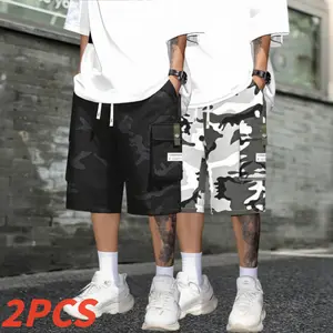 Men's Camouflage Cargo Shorts 2-Pack American High-Street Cool Workwear Style Durable Wrinkle-Resistant Fabric Loose Wide-Leg Fit Large Deep Pockets Menswear Tropical