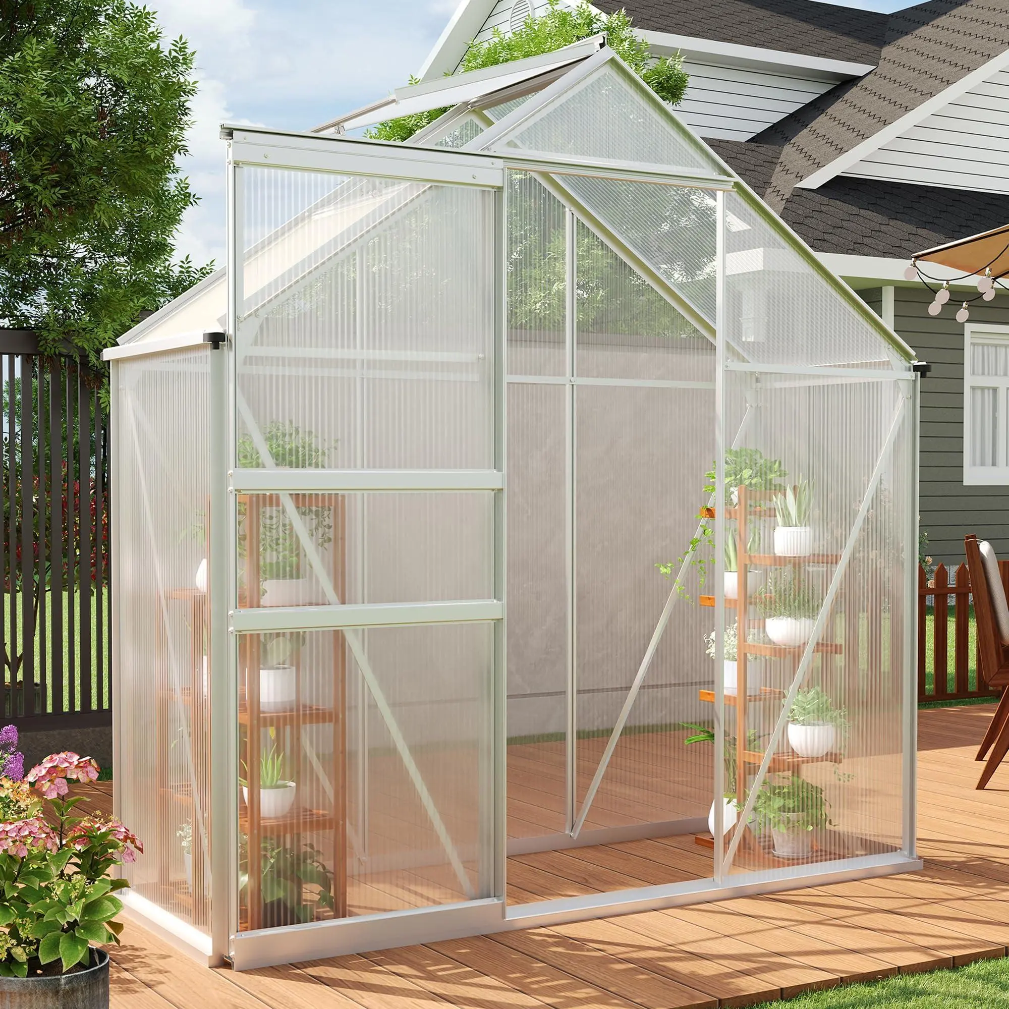 Heavy Duty 6x3 FT Polycarbonate Walk-in Greenhouse for Outdoors - Sturdy Aluminum Frame, Sliding Door, Adjustable Roof Vent, Rain Gutter - Ideal for Patio, Backyard, Garden - 8-Natural Color