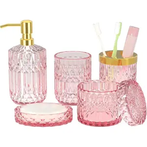 Pink Bathroom Accessories Set, 5Pcs Clear Glass Pink Bathroom Decor with Lotion Soap Dispenser, Soap Dish, Tumbler, Cotton Swab Jar, Toothbrush Holder for Bathrooms Set Modern Crystal Vintage Gift
