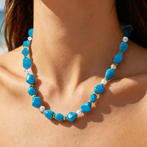 Irregular Faux Turquoise & Imitation Pearl Beaded Necklace, Ocean Starfish Seashell Pendant, Boho Summer Beach Statement Necklace, Women Casual Vacation Fashion Jewelry Birthday Gift