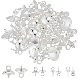 56Pcs 4 Style Eye Pin Bail Sterling Silver Plated Brass Connector for Half Drilled Beads Charms Pendants DIY Jewelry Making Findings Accessory for Necklace