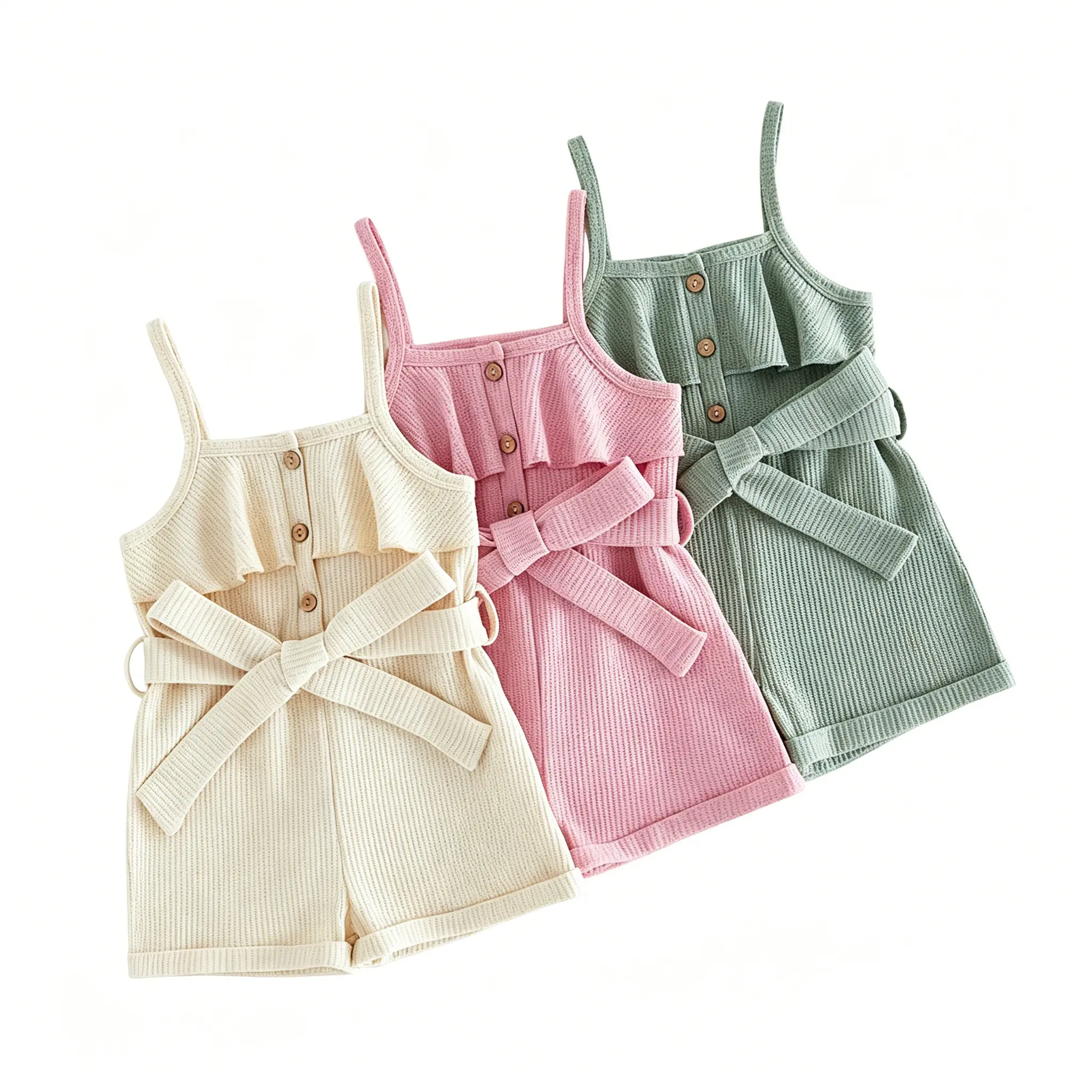 Toddler Baby Little Girls Summer Shorts Jumpsuit Sleeveless Solid Color Button Front Playsuit with Belt 1-6 Years