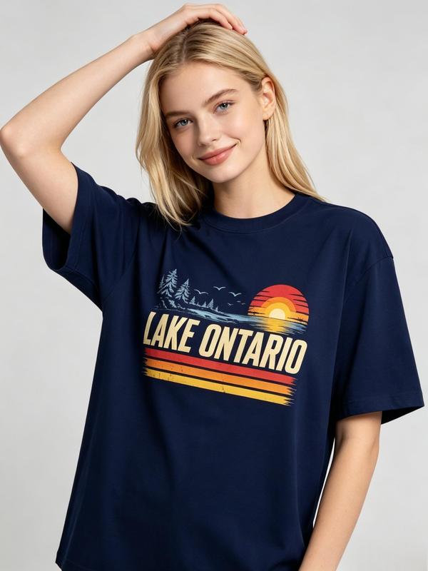 Women's Lake Ontario Graphic T-Shirt - Lady's Casual Oversized Loose Crew Neck Short Sleeve Cotton Fabric Tee for Retro Sunset Summer Vacation