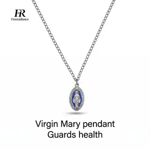 Virgin Mary Pendant Necklace, Blue Enamel Craft Miraculous Medal, Elegant Religious Jewelry for Daily Wear, Ideal Birthday & Thanksgiving Gift for Her Women rapper autumn chain