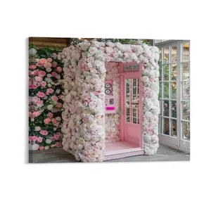 Modern Art White Rose Posters Wall Art Prints Romantic Love Pink Telephone Booth Canvas Posters Home Wall Art Family Bedroom Office Decor Aesthetic Festival Gift