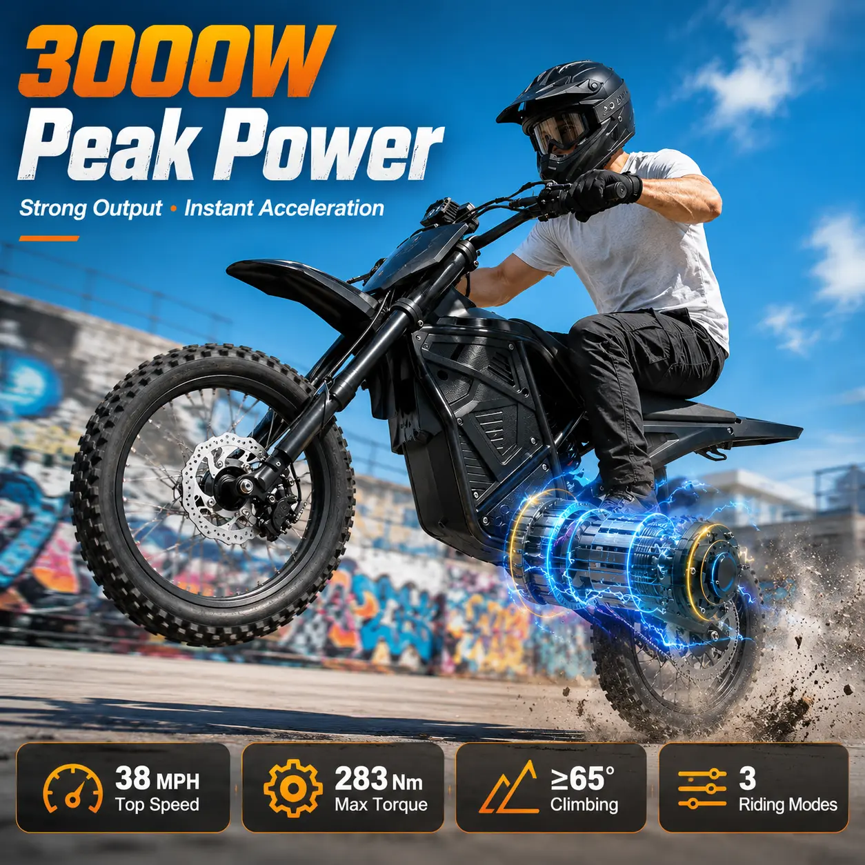 Electric Bike for Adults, All-Terrain Moped Style with Strong 3000W Peak Power Motor, 38 MPH Max Speed, 30-40 Mi Range, Dual Suspension for Commuting, 3000W Motor, Gravel & Grass Grip, 14/12In, 48V 20.8Ah Battery, 132 Lbs, Bikes, Disc, 3 Riding Modes tikt