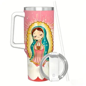Sanctum Home 40oz Flip-Down Covered Straw Tumbler with Handle | 100% Leakproof Insulated Tumbler | Virgin of Guadalupe 304  Water Bottle  | Cup Holder Friendly Base| Catholic Religious Gift for Confirmation First Communion| Mother's Day Gift