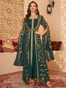 Deep Arabic Style Gold Thread Sequin Embroidered Maxi Dress, Bell Sleeve Square Neck Waist Belted, Loose-Fit All Seasons Formal