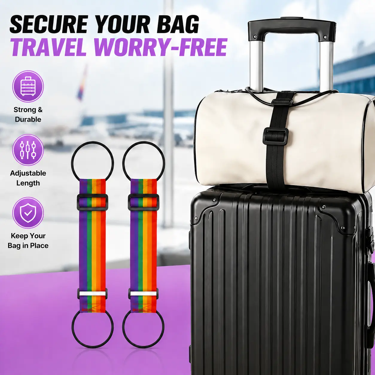 2-Pack Woven Fabric Luggage Connector Straps - Secure Anti-Theft Bag Securing Belts with Lock Buckle, Adjustable, Space-Saving Travel Organizer Accessory for Flight Transits, Family Trip Baggage Storage (2-Piece Set), Two Piece Set