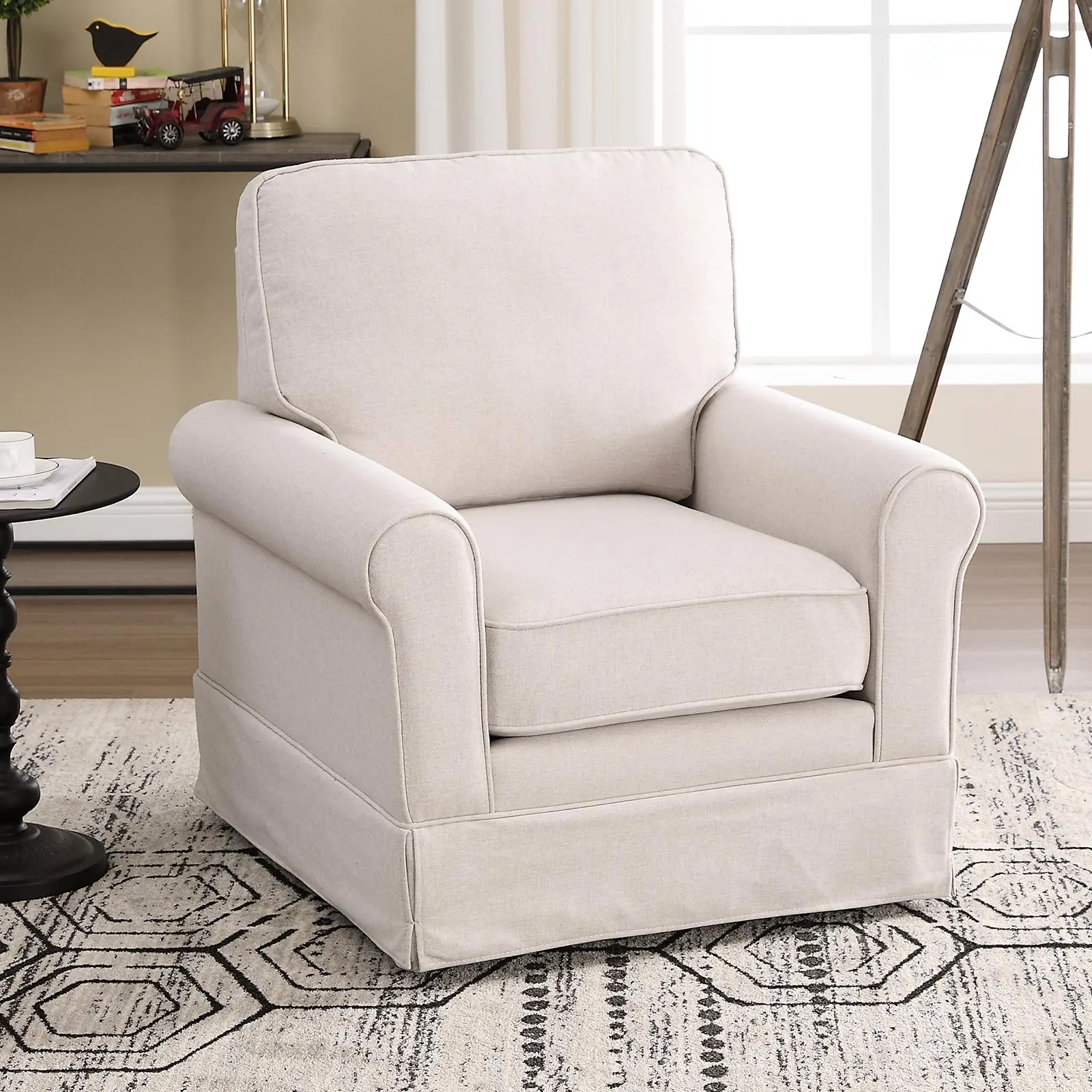 EBELLO FCS-Certified Linen Fabric Swivel Accent Chair - Single Seat, Pre-Assembled, Mid-Century Contemporary Striped, Lumbar Cushion, 10000 Rotation Tests, 30"w×32"d×37"h, for Living Room/Office
