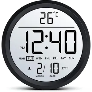 8" Round LCD Digital Wall Clock Battery Operated with Temperature and Date, Big Numbers Display, Auto DST and Alarm, for Office, Classroom, Bedroom, Living Room, Kitchen