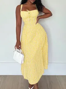 Women's Casual Chic Sexy Square Neck Plaid Ruched Thin Strap Summer Split Long Dress, Elegant Floral Pattern, Fitted Style, Spring & Fall