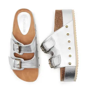 Women Metallic Platform Sandals Cork Footbed Heeled Slides Double Buckle silver