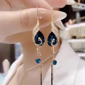 Female stunning peacock dangle earrings with tassels traditional jewellery flightlessbird earrings