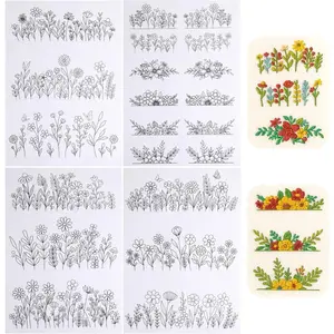 4 Sheets Water Soluble Embroider  Stabilizer Stick and  Embroidery Patterns Flower Stick and  Embroidery Paper Wash  with Pre-Printed Flower Leave Butterfly for Hand Sewing Love