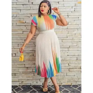 Plus Size Women's Ombre Knit High Neck Maxi Pleated Peplum Dress with Belt All Season Casual Dress