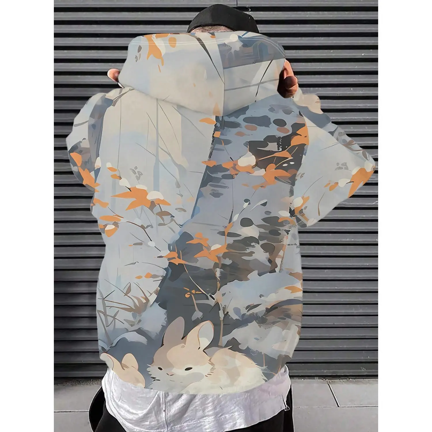 Men's Forest Scene Hoodie with Cute Rabbit Print for Spring/Autumn Casual Wear