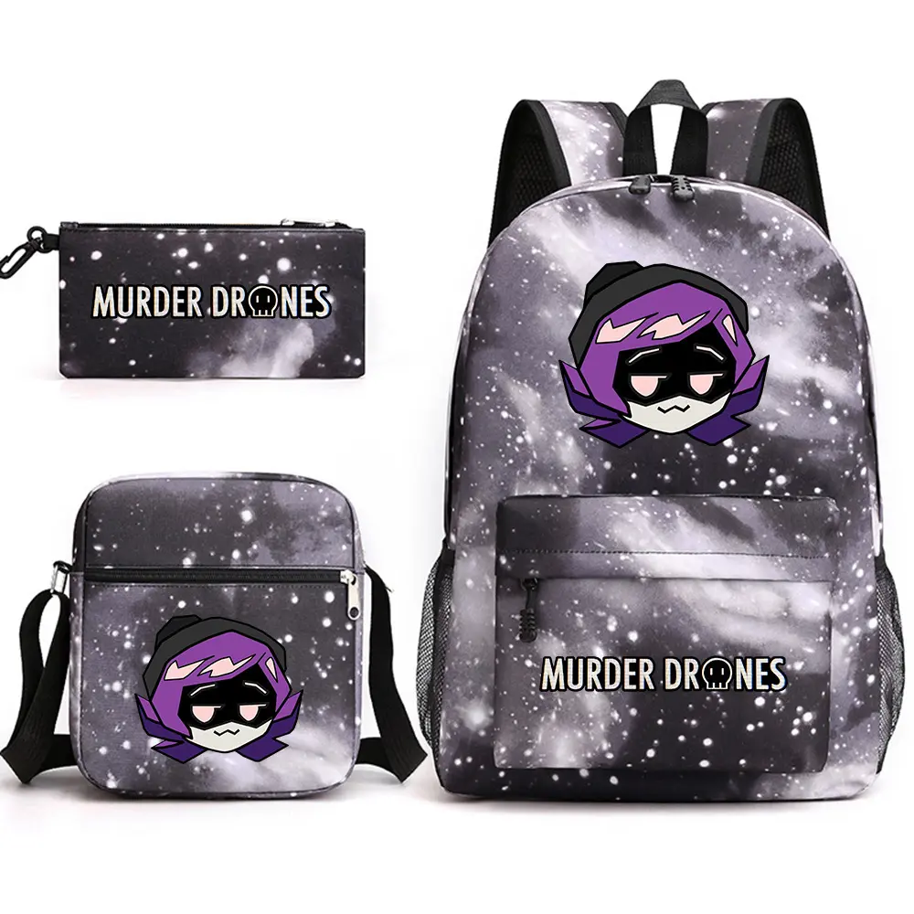 3Pcs Black Galaxy Star Murder Drones Cartoon Print Backpack Set for Boys Girls Teens, Large Capacity Water Resistant Canvas Student School Backpack, Casual Daypack with Crossbody Shoulder Bag & Matching Printed Pencil Pouch, Lightweight Multi-Pocket Anime