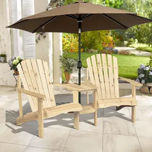 Outdoor Fire Pit Seating Set - 2 Wooden Chairs, 2-Person Wooden Bench, Outdoor Table with Umbrella Hole, Natural Finish
