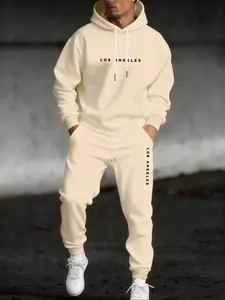 Men's Casual Hoodie Set, Letter Print Drawstring Sweatshirt + Jogger Pants, Fall & Winter Thick Knit Fabric, Fitted Style, 2 Piece Pack, Knit Clothing Sets