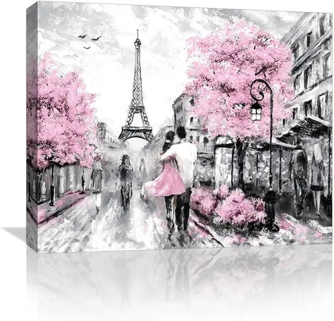Paris Eiffel Tower Wall Decor for Bedroom Canvas Wall Art Pink Paris Girls Room Wall Decor Bathroom Painting Pictures Framed Modern Black and White Artwork for Walls Home Wall Decoration Gift Poster Print Wood Ornaments Artistic Photo Hanging