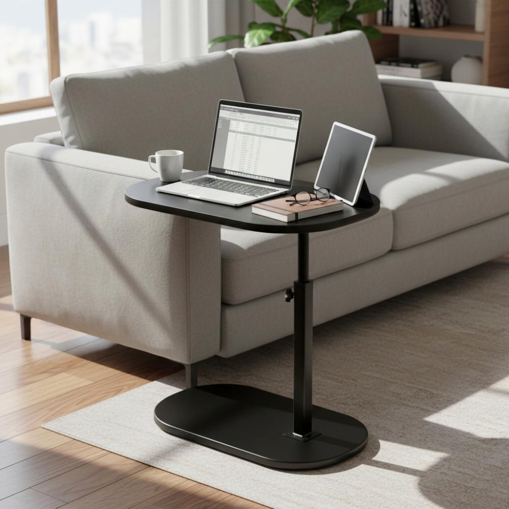 Height Adjustable Sofa Side Table, Multi-Functional End Table for Living Room, Bedroom, Balcony, Stable Overbed Laptop Stand Snack Tray