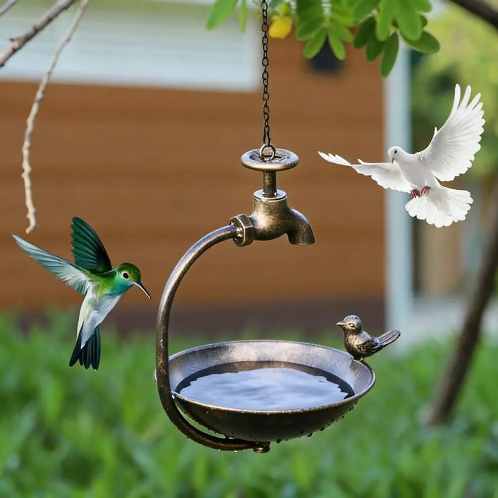 Vintage Style Hanging Bird Feeder, Simple Metal Feeder with Faucet Design, Bath Bowl with Bird Decorations, Hummingbird Feeder for Outdoor Yards, Balconies & Gardens, Gift for Bird Lovers