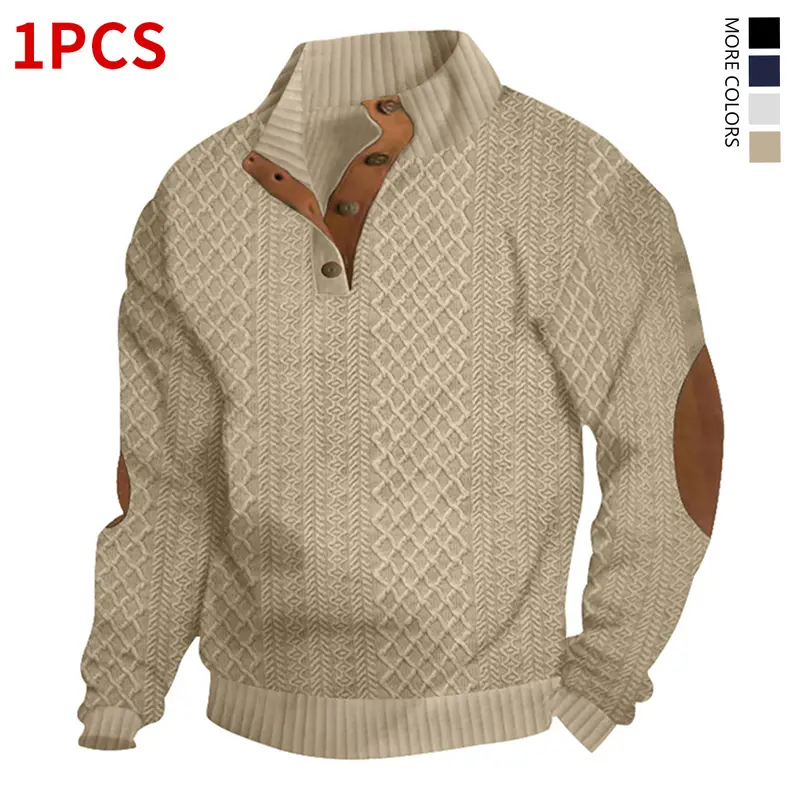Men's Beige Collared Neck Button Henley Pullover Sweater - Long-Sleeve Fitted Cut Menswear, Geometric Polyester Knitwear, Soft Chic Versatile Sweater for Many Outfits Fall Casual Essential