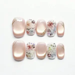 10-Piece Medium-Length Oval Press-On Nails Set: Delicate Floral & Glitter Design With Shimmering Accents – Effortless Wear For Daily Elegance & Special Occasions Nail Supplies Handmade Press On Nails Acrylic Fake Nails Flower Design Nails