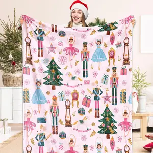 Christmas Fuzzy Blanket, Pink Watercolor Nutcracker Throw, Soft Cozy Holiday Blanket, Winter Home Decor, Xmas Party Bed Sofa Couch Blanke